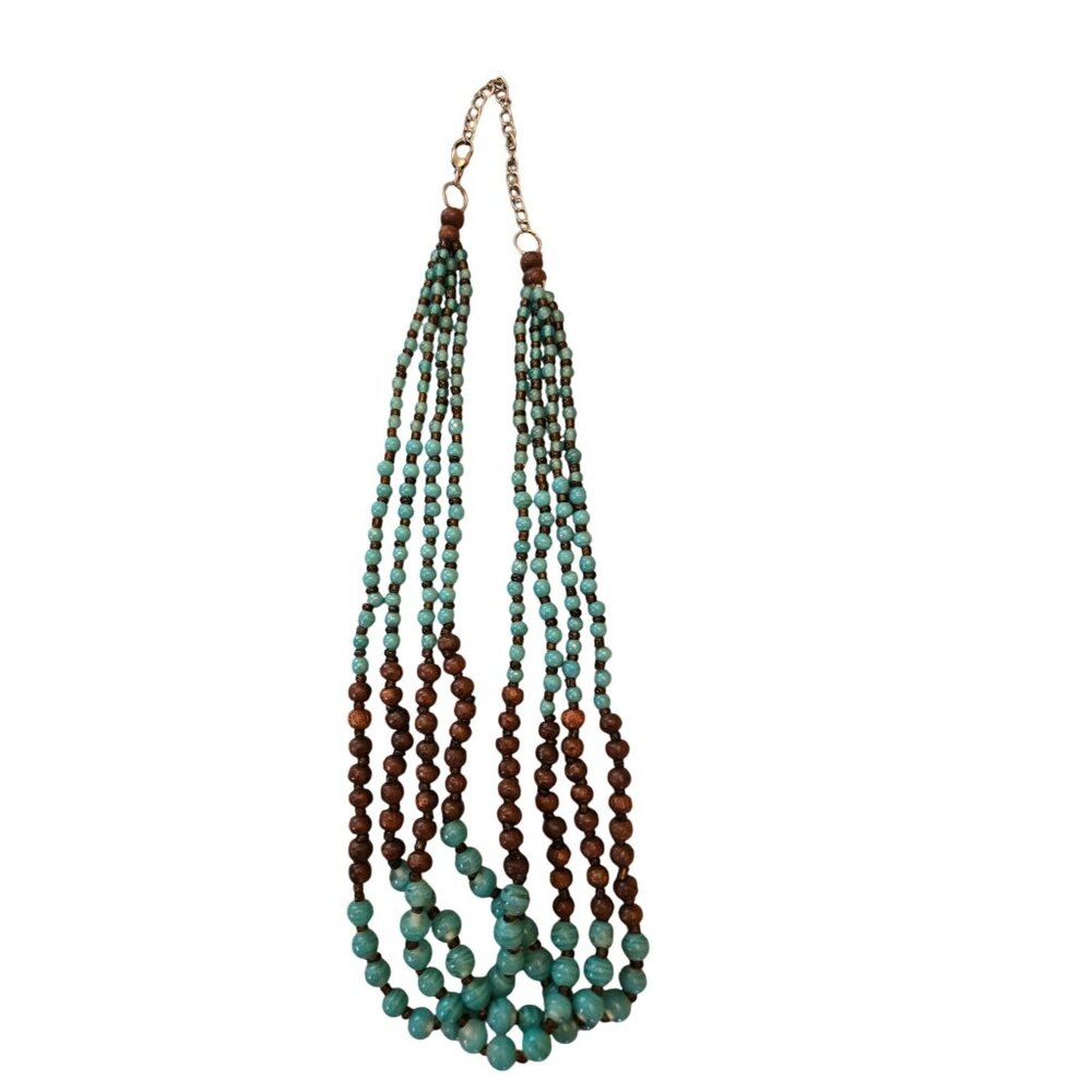 Multi-Strand Faux Turquoise & Brown Wood Beaded Necklace Boho Southwest